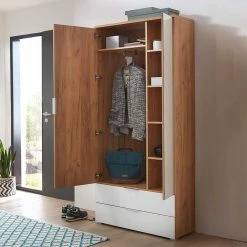 Flur Garderobenschrank In Weiß & Eiche - Reestyl -wohnen.de-Shop flur garderobenschrank in weiss eiche mit spiegel 84x196x40 reestyl 02