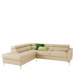 Leder Eckcouch In Creme & Chrom - Reyras